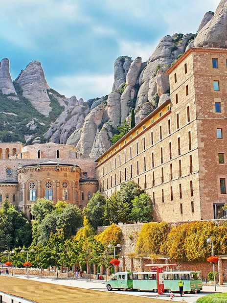 Montserrat Monastery with mountain backdrop in Catalonia, Spain.