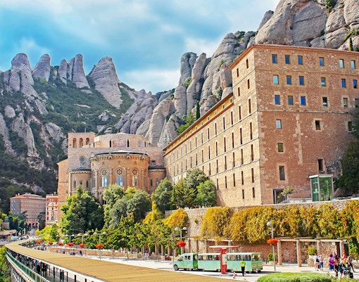 Montserrat Monastery with mountain backdrop in Catalonia, Spain.