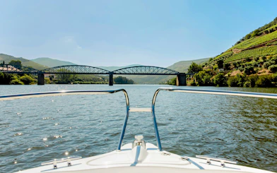 Boat view of bridge and vineyards on Douro River in evening.