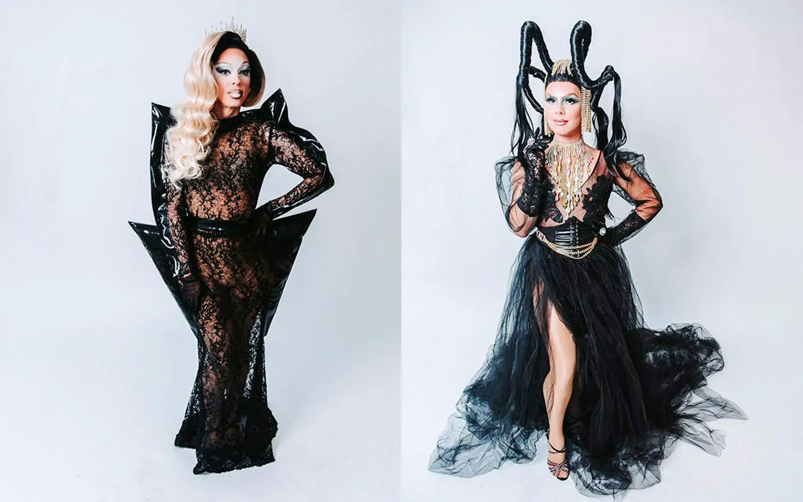 Drag queens in elaborate black costumes at a Hungary show.