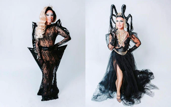 Drag queens in elaborate black costumes at a Hungary show.