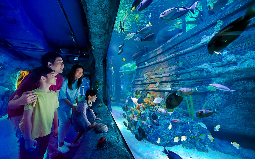 Family exploring shipwreck exhibit at Sea Life Aquarium, Legoland Malaysia.