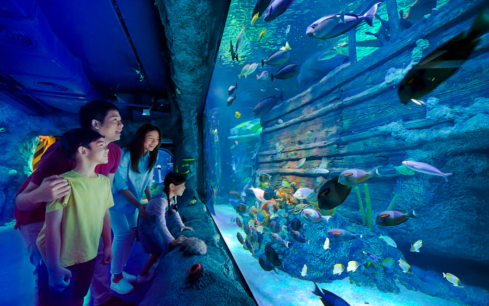 Family exploring shipwreck exhibit at Sea Life Aquarium, Legoland Malaysia.