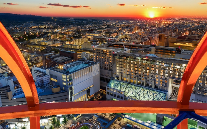 Kyoto cityscape from Kyoto Tower at sunset, highlighting urban architecture.