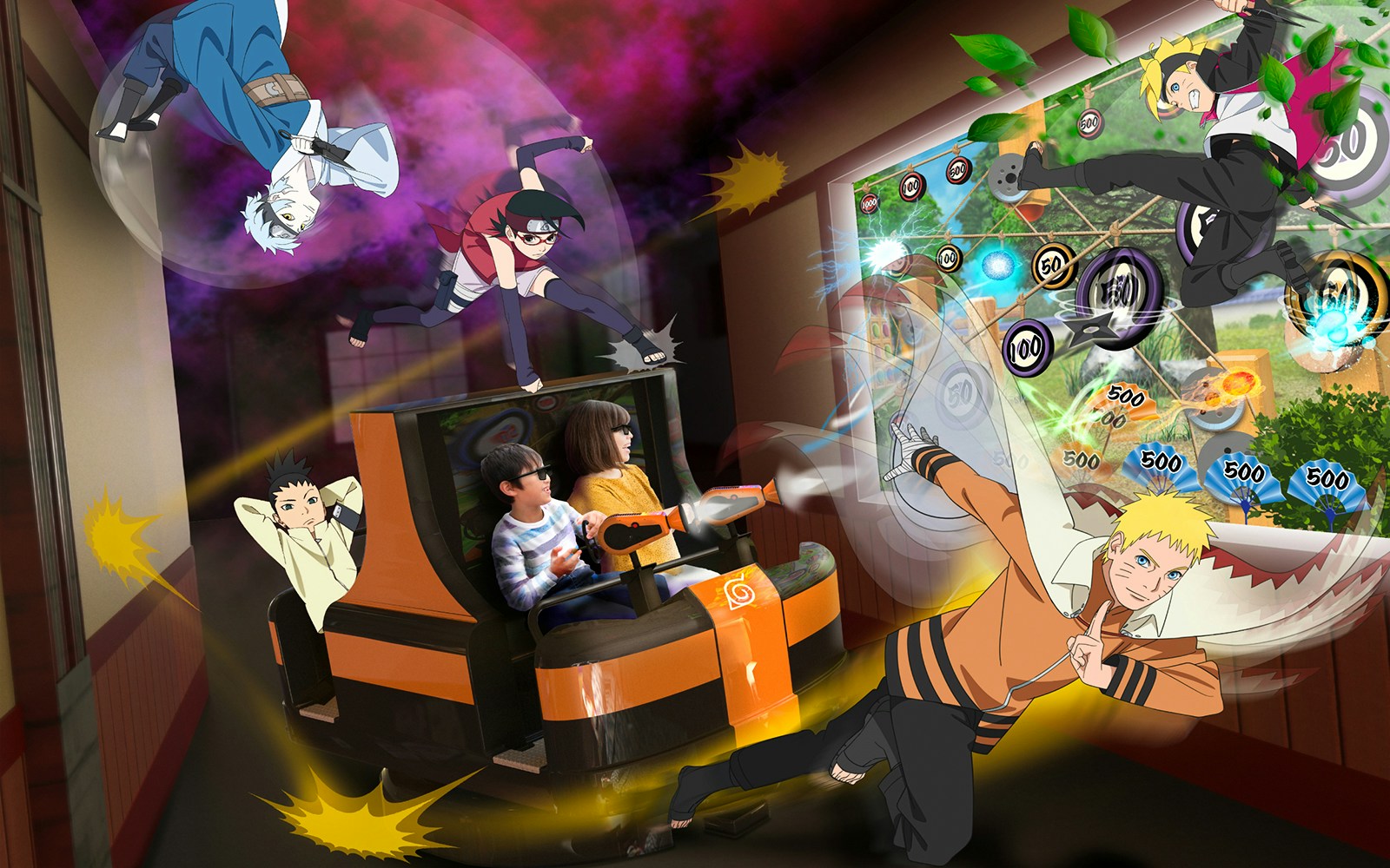 Visitors on an interactive ride at FujiQ Highland Park, Tokyo, with anime characters.