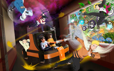 Visitors on an interactive ride at FujiQ Highland Park, Tokyo, with anime characters.