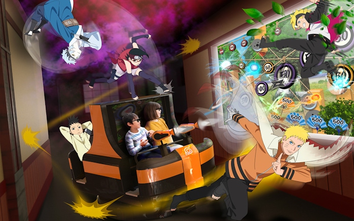 Visitors on an interactive ride at FujiQ Highland Park, Tokyo, with anime characters.