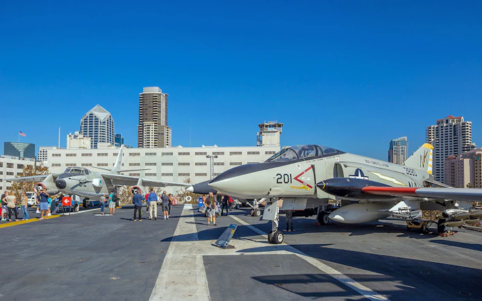 USS Midway aircraft carrier deck with historic fighter jets in San Diego.