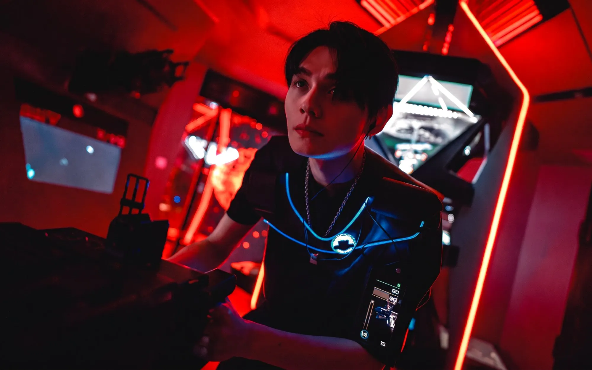 Participant in futuristic setting at AI Dream Immersive Theater.
