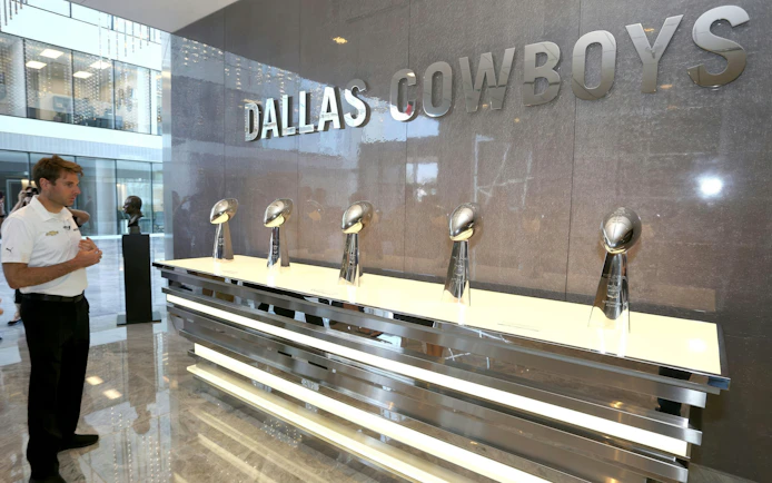 Five Dallas Cowboys Lombardi Super Bowl trophies on display at The Star in Frisco, Texas.