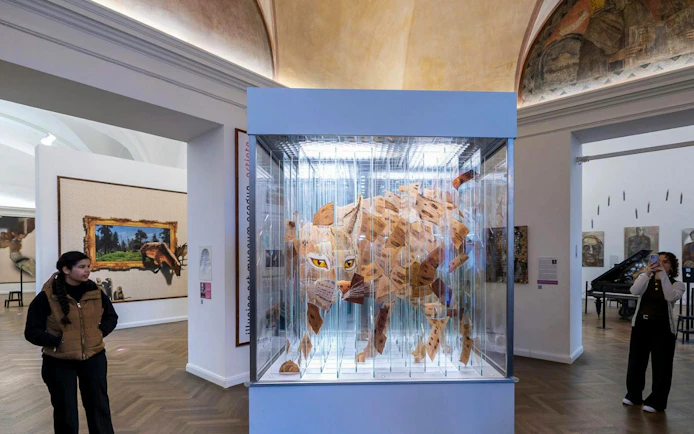 Visitors at IAM Illusion Art Museum Prague viewing a 3D cat illusion exhibit.