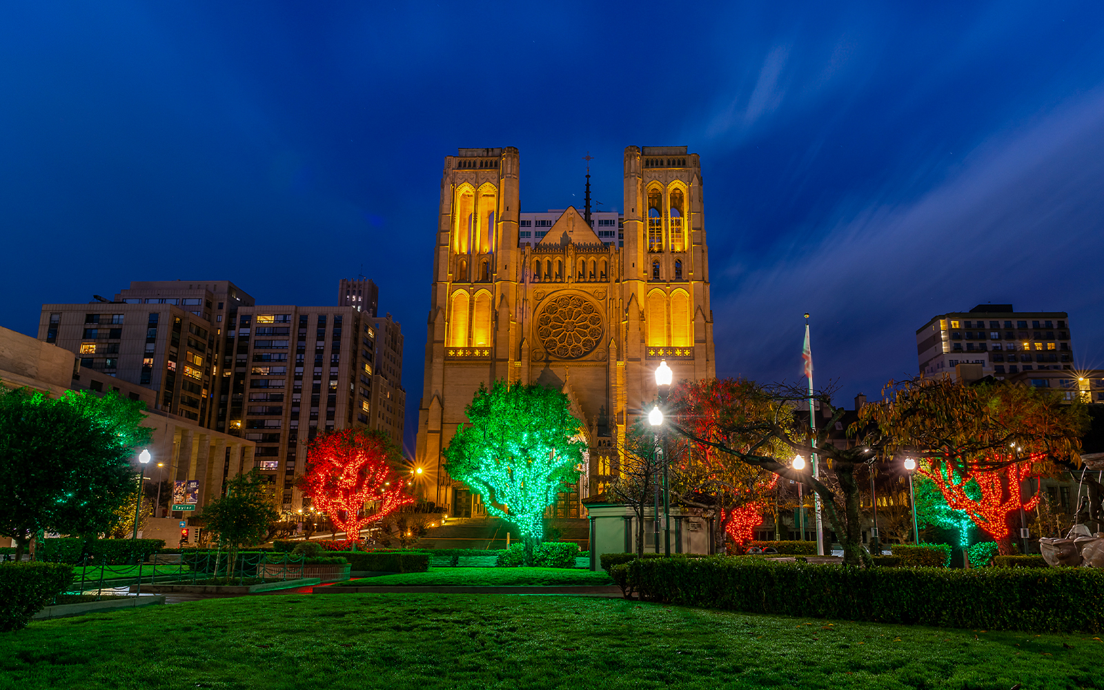 Grace Cathedral illuminated with Christmas lights in San Francisco.