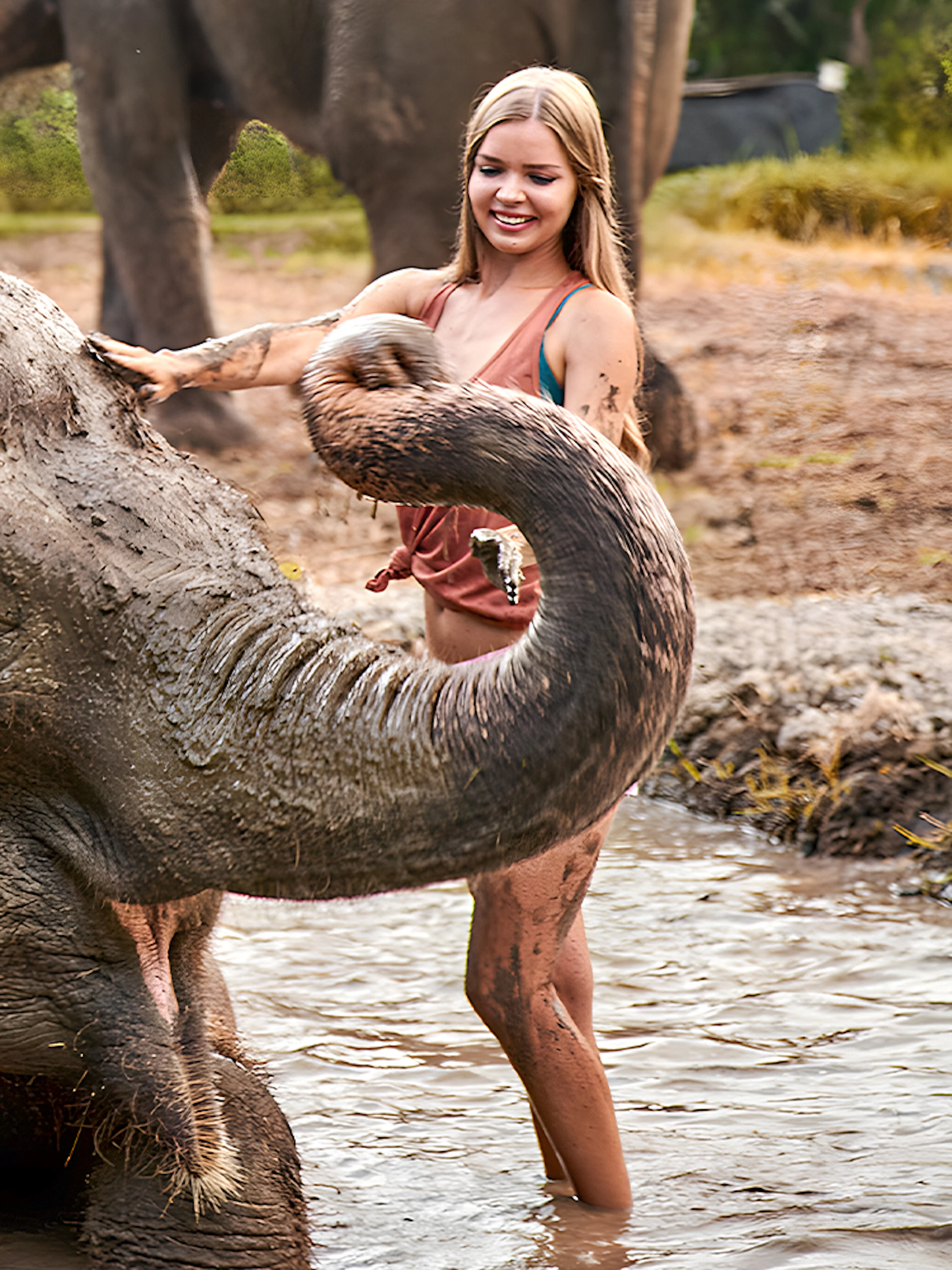 Young couple enjoying a mud bath with an elephant at Bali Zoo.