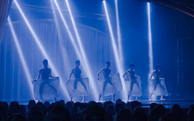 Performers on stage during Wild Wild Show in Korea, holding cloths under spotlight.