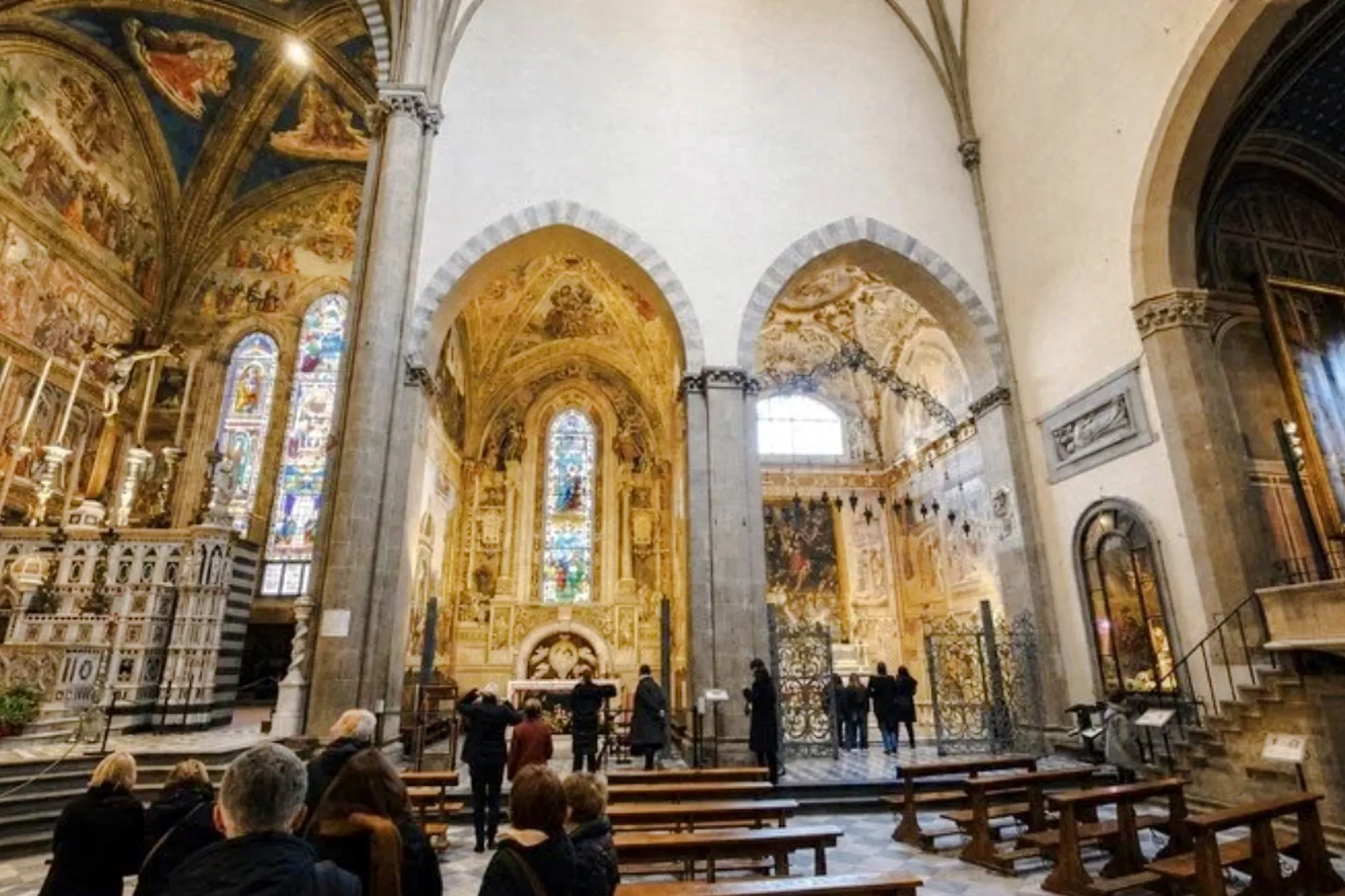 Santa Maria Novella Basilica interior with frescoes and stained glass, Florence tour.