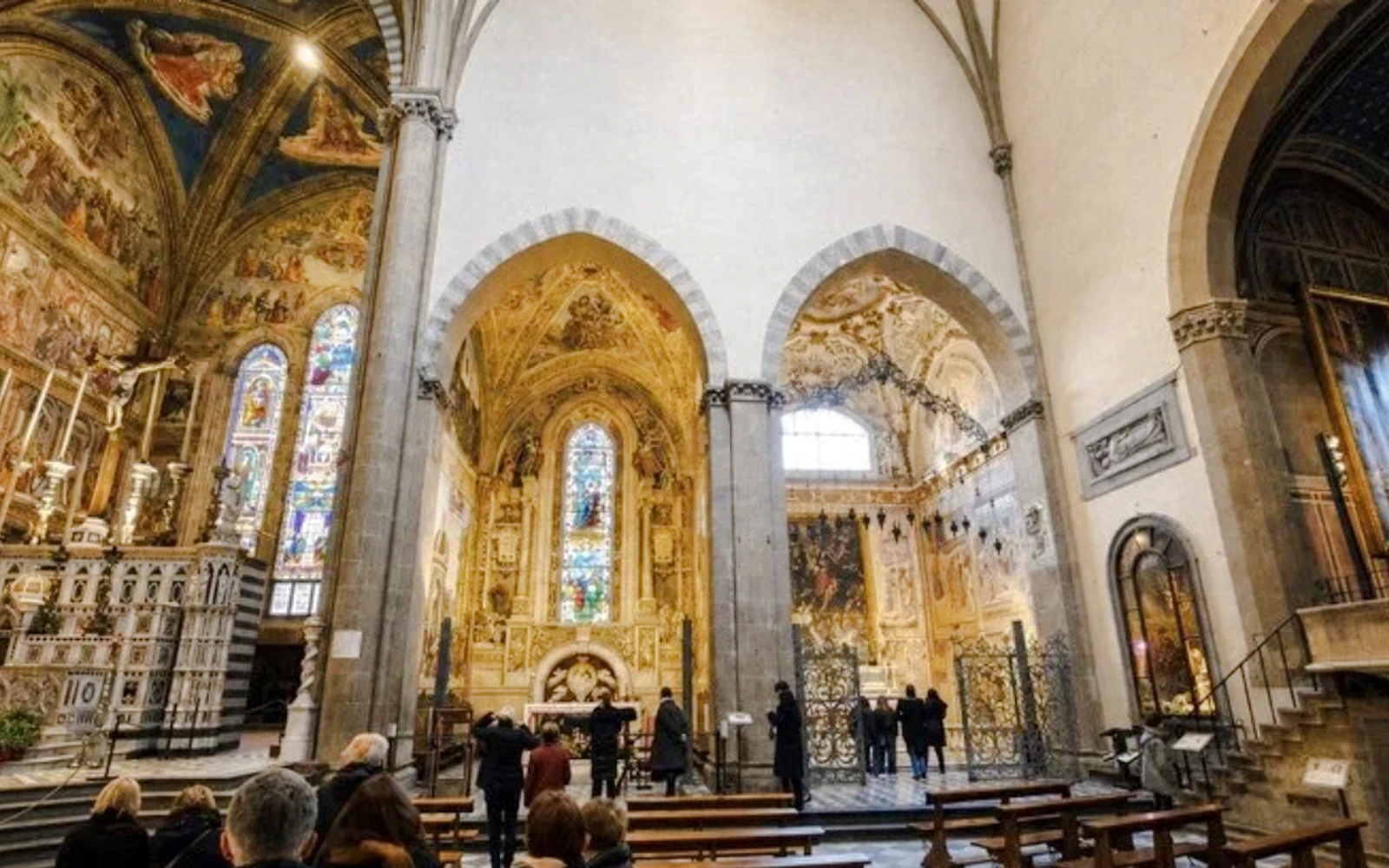 Santa Maria Novella Basilica interior with frescoes and stained glass, Florence tour.