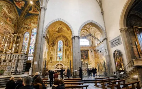 Santa Maria Novella Basilica interior with frescoes and stained glass, Florence tour.