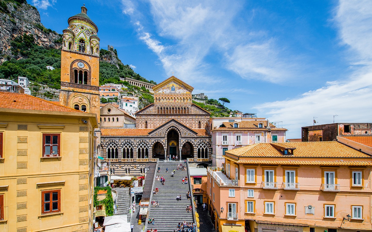 Amalfi Cathedral with bell tower and steps, part of Sorrento, Positano, Amalfi, and Ravello tour from Naples.