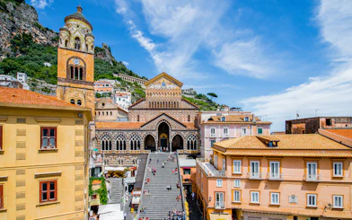 Amalfi Cathedral with bell tower and steps, part of Sorrento, Positano, Amalfi, and Ravello tour from Naples.