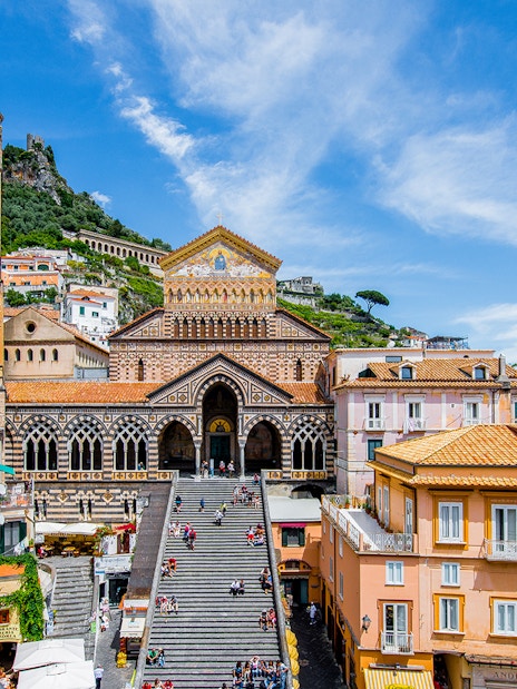 Amalfi Cathedral with bell tower and steps, part of Sorrento, Positano, Amalfi, and Ravello tour from Naples.