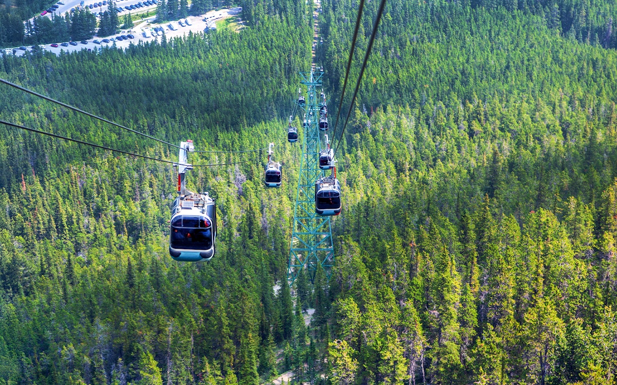 Gondola ride over forested landscape at Sulphur Mountain in Banff National Park.