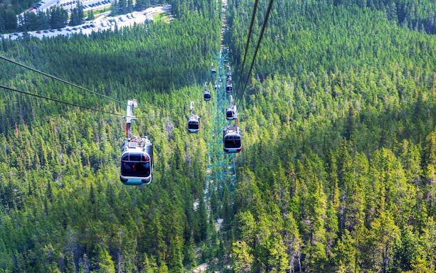 Gondola ride over forested landscape at Sulphur Mountain in Banff National Park.