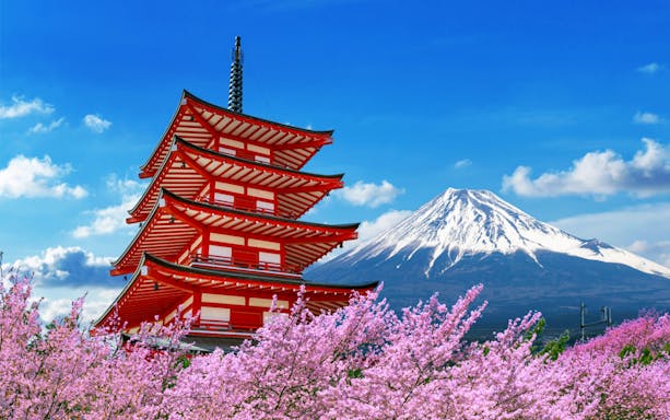 Pagoda with cherry blossoms and Mount Fuji in Japan.