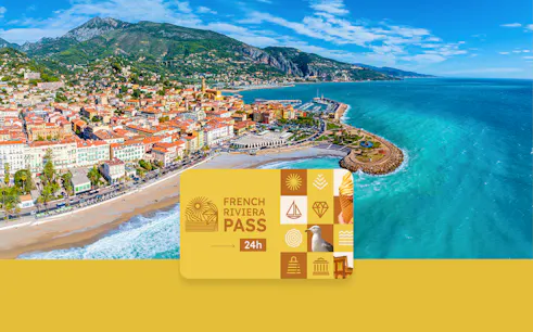 Aerial view of French Riviera coastline with French Riviera Pass card displayed.