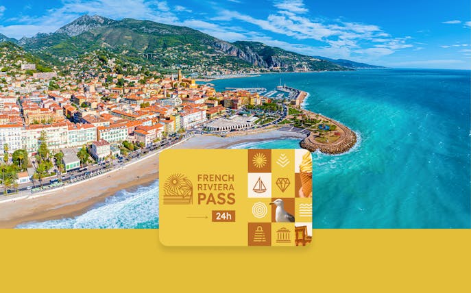 Aerial view of French Riviera coastline with French Riviera Pass card displayed.