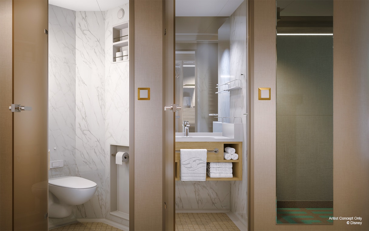 Deluxe Oceanview Stateroom bathroom on Disney Adventure Cruise from Singapore.