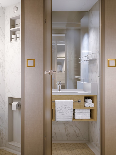 Deluxe Oceanview Stateroom bathroom on Disney Adventure Cruise from Singapore.