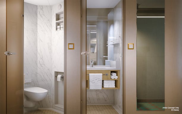 Deluxe Oceanview Stateroom bathroom on Disney Adventure Cruise from Singapore.