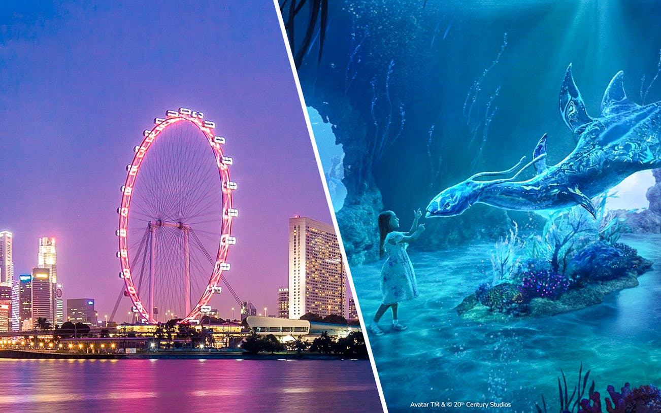 Singapore Flyer illuminated at dusk and Gardens by the Bay's Avatar-themed exhibit.