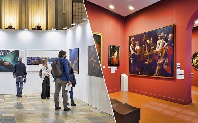 Visitors viewing art at Palazzo Madama and Albertina Gallery, featuring diverse exhibits.