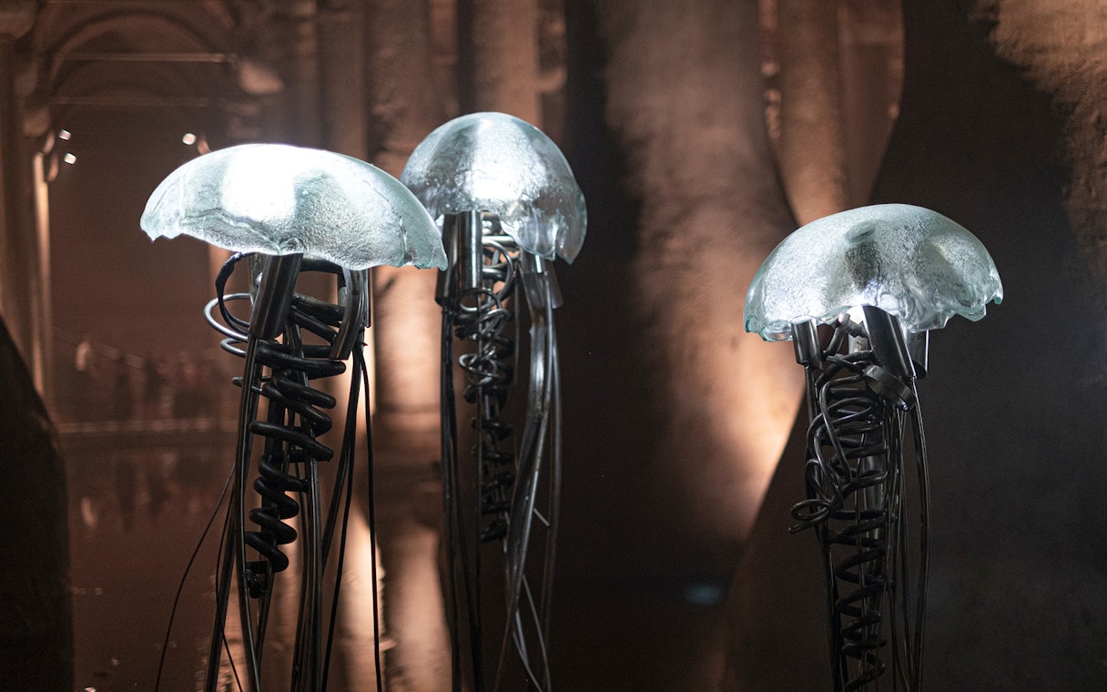 Illuminated sculptures resembling jellyfish in the Basilica Cistern, Istanbul.