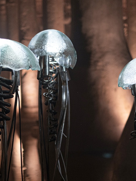 Illuminated sculptures resembling jellyfish in the Basilica Cistern, Istanbul.