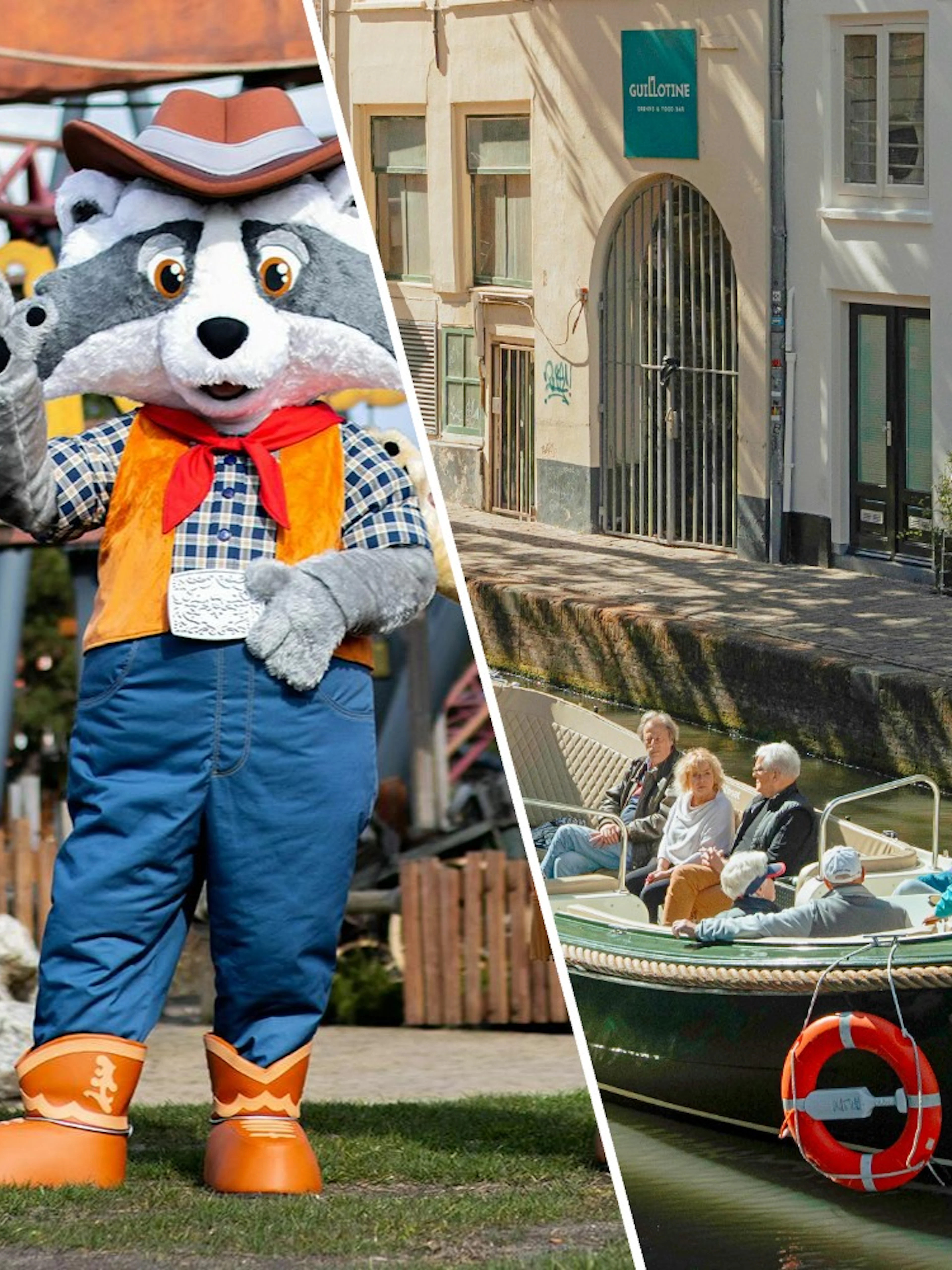 Raccoon mascot at Wild West Slagharen and tourists on Utrecht canal cruise in open boat.
