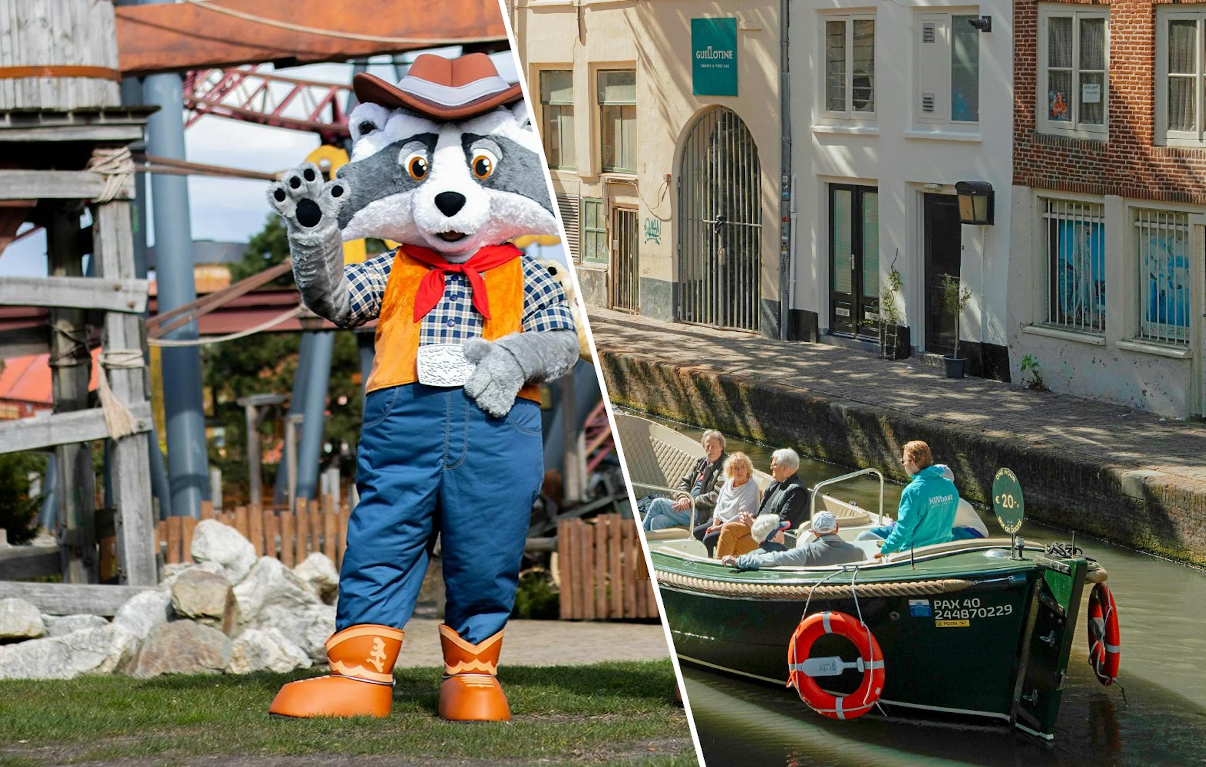 Raccoon mascot at Wild West Slagharen and tourists on Utrecht canal cruise in open boat.