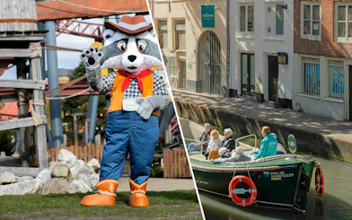 Raccoon mascot at Wild West Slagharen and tourists on Utrecht canal cruise in open boat.