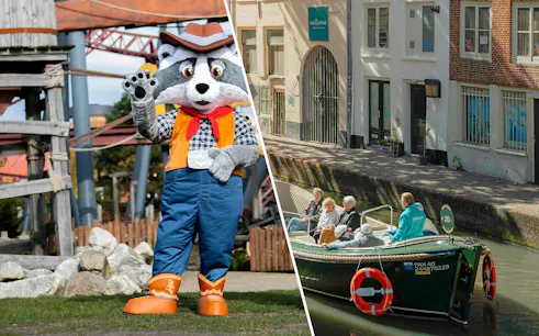 Raccoon mascot at Wild West Slagharen and tourists on Utrecht canal cruise in open boat.