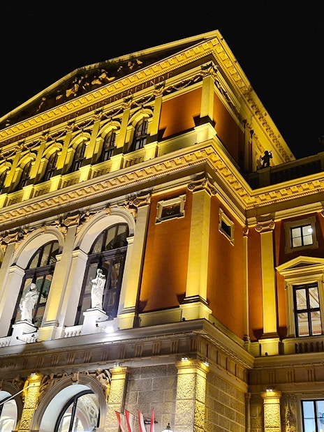Musikverein concert hall illuminated at night, Vienna, Austria.