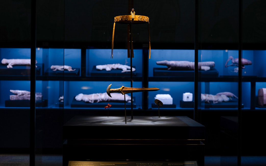 Ancient Egyptian artifacts including a diadem and dagger at the "Ramses the Great" exhibition in London.