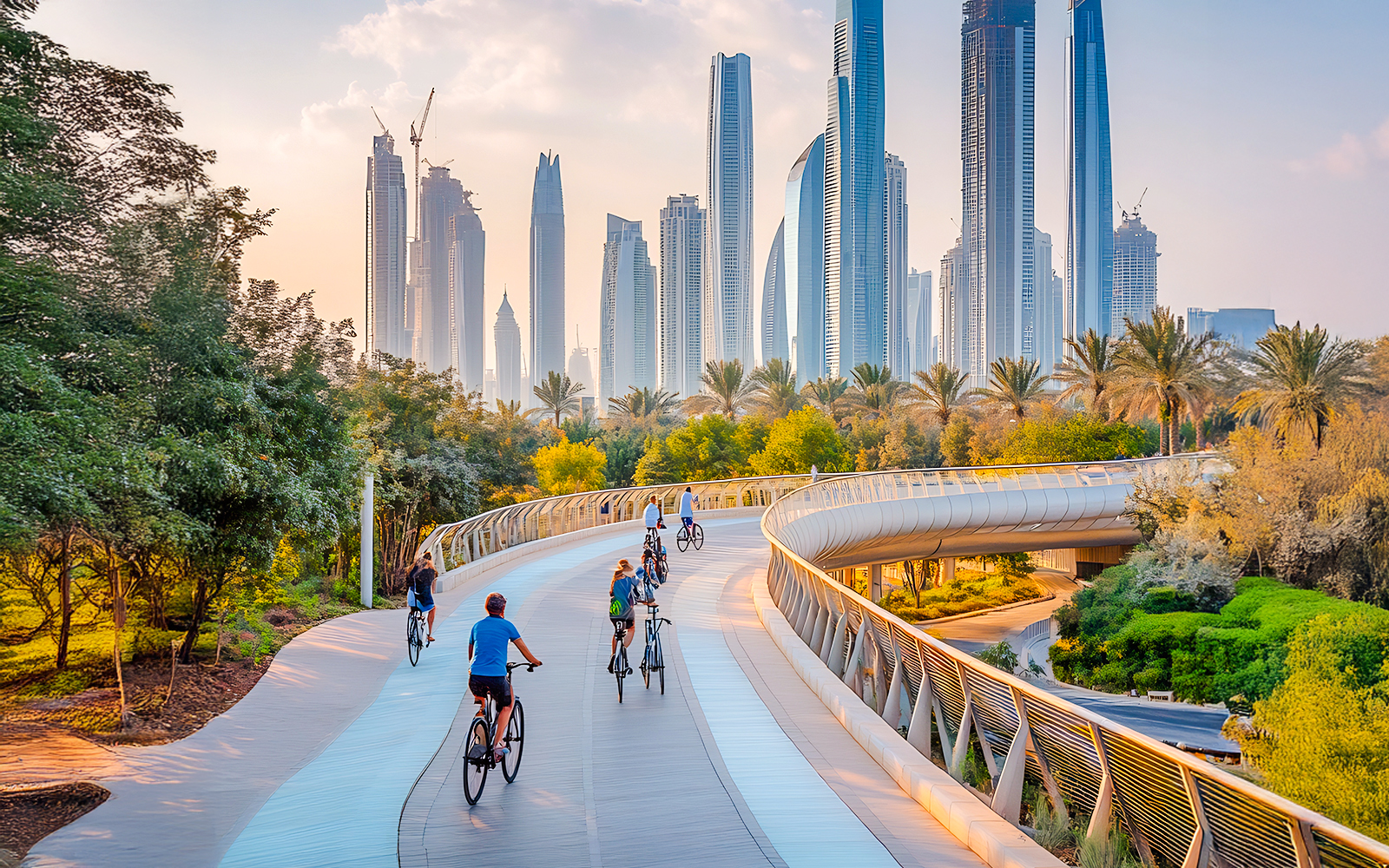 Cyclists on a winding track with Dubai skyline in the background.