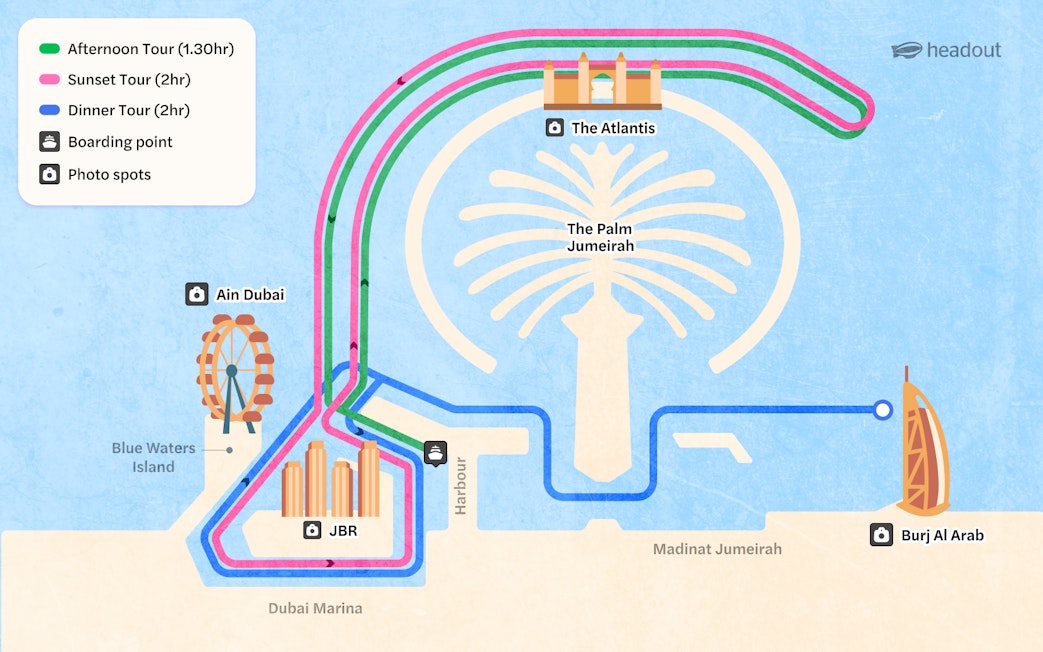 Dubai Harbour yacht cruise map showing routes to Ain Dubai, The Atlantis, and Burj Al Arab.