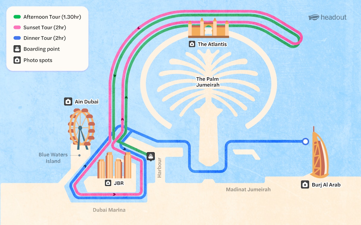 Dubai Harbour yacht cruise map showing routes to Ain Dubai, The Atlantis, and Burj Al Arab.