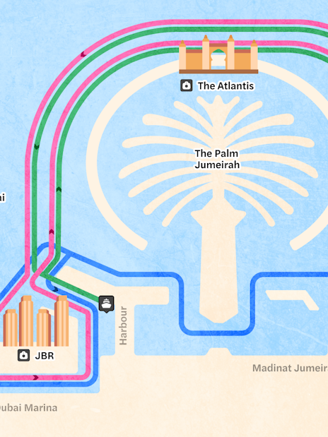 Dubai Harbour yacht cruise map showing routes to Ain Dubai, The Atlantis, and Burj Al Arab.