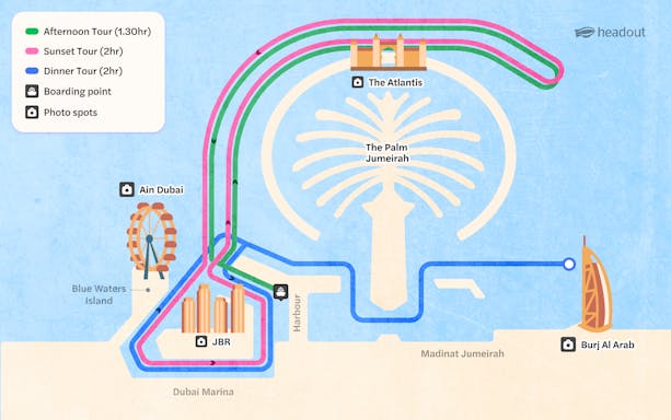 Dubai Harbour yacht cruise map showing routes to Ain Dubai, The Atlantis, and Burj Al Arab.