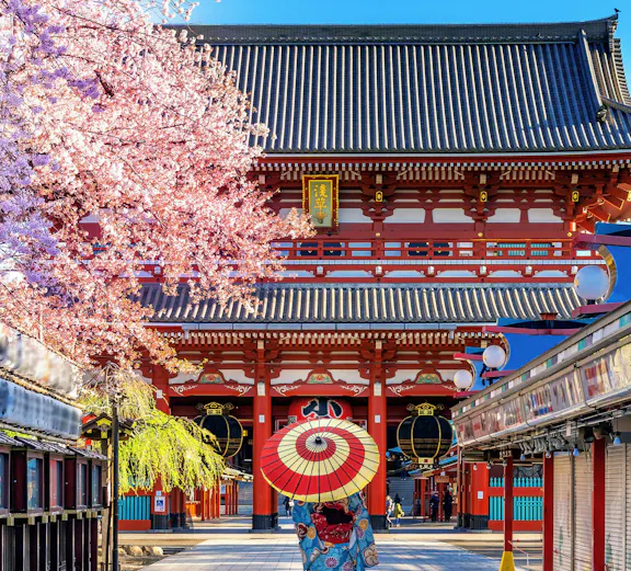 Asian woman in kimono with parasol at Senso-ji Temple, Tokyo, Japan.