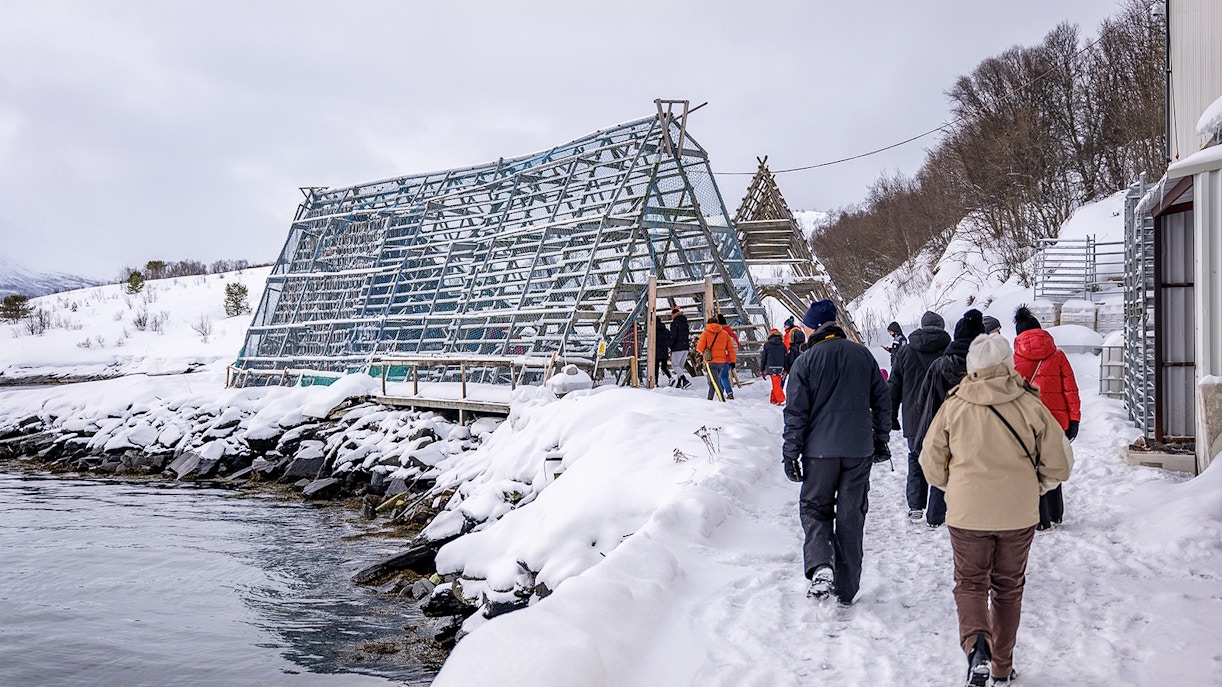 Tourists walking by a traditional fish drying rack in snowy Tromso during Arctic Fjord Cruise.