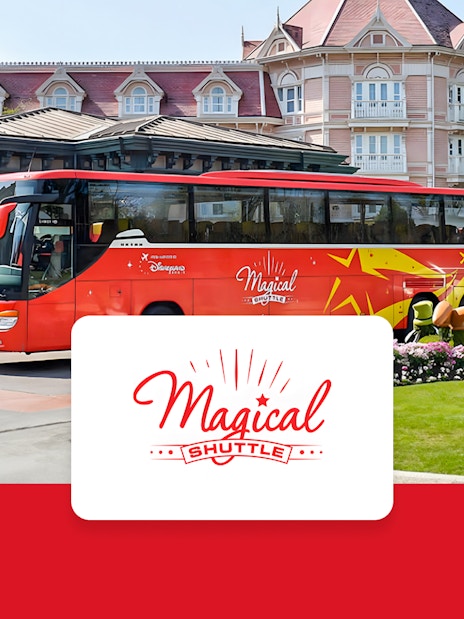 Shuttle bus parked at Disneyland Paris hotel entrance for CDG/ORY airport transfer.